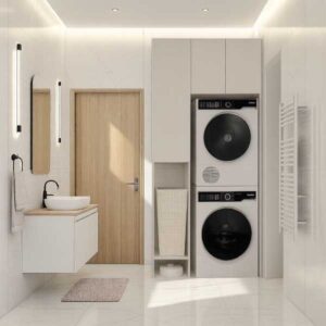 Шкаф для постирочной стиральной и сушильной машины с местом для робота пылесоса